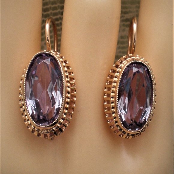 Vintage Russian USSR 14K 583 Rose Pink Gold Alexandrite Filigree Dangle EARRINGS - Picture 2 of 8